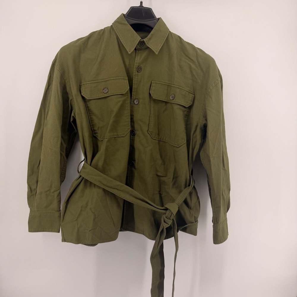 Polo Ralph Lauren Shirt Womens 16 Green Belted Cotton Satin Utilitarian Blouson